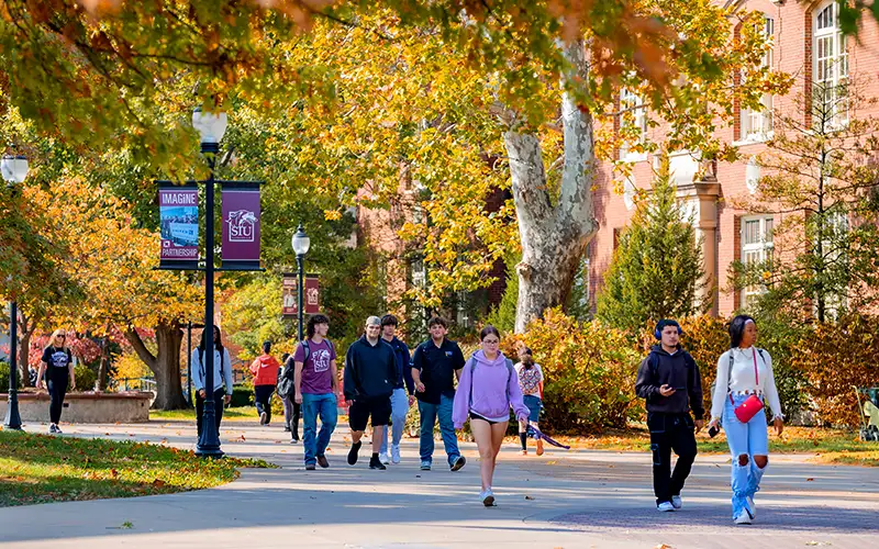 Students walk along a tree-lined campus pathway on a sunny fall day at Southern Illinois University, with colorful foliage and historic brick buildings in the background.